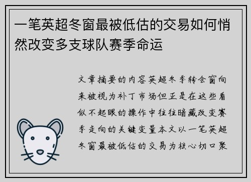 一笔英超冬窗最被低估的交易如何悄然改变多支球队赛季命运 一笔英超冬窗最被低估的交易如何悄然改变多支球队赛季命运
