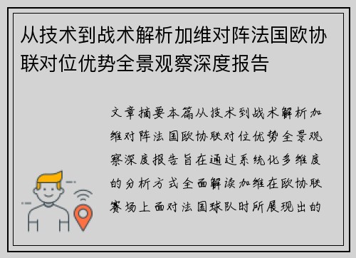 从技术到战术解析加维对阵法国欧协联对位优势全景观察深度报告