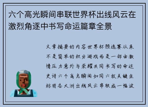 六个高光瞬间串联世界杯出线风云在激烈角逐中书写命运篇章全景